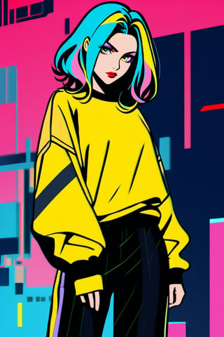 dark gothic cyberpunk woman, defiant face, pastel colors, in clothes, colorful hair, light yellow sweatshirt, pants, black