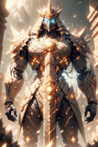 Masterpiece, Cyborg king, epic, holding a giant Lance, Divine power, heavenly, Light infused energy, ultra high quality, , HDR, hyper-detailing, cinematic light,celestial castle, RTX, 8k,blurry_light_background,egypttech,1 girl