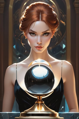 detailed shot of a beautiful slender woman on a gold pedestal, copper colored hair, with makeup, hypnotizing look, the hematite stone crystal ball in her hand, artistically posing with the hematite, digital painting, intricate, elegant, highly detailed, art station, impressionistic art, smooth, sharp focus, illustration, Unreal Engine 5, 8k, art by artgerm and greg rutkowski and alphonsemucha,shards,glass,brocken glass,transparent glass,pieces of glass,darkart