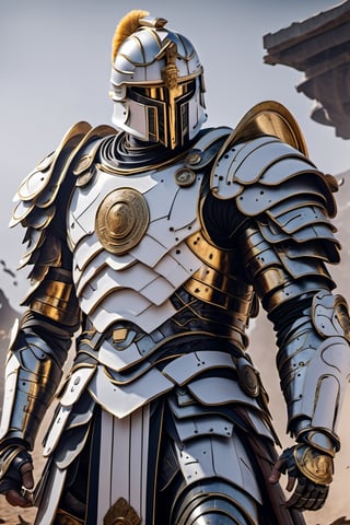 (masterpiece, best quality), roman legionary, white and gold armor, in a battle scene ,Movie Still,mecha,cyborg style