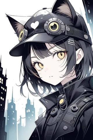 portrait of cute detecive in the noir city, black cat hat with cat ears, detailed illustration portrait, incredible details, disney stylized cute, dark cyberpunk illustration