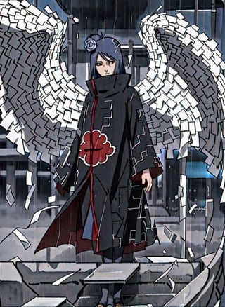 ((masterpiece)), ((best quality)),konan \(naruto\)1girl, labret piercing, paper, rain, solo,  (paper jutsu), paper, ((akatsuki outfit)), extremely detailed,intricate details,,dark sky, dark city,dynamic pose, close up,full body,paper wings,