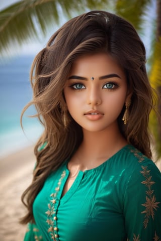 1girl (((21 years old))), beautiful,looking to front,Face makeup, ((standing)), big_boobies, asian girl, ((green blouse)), Perfect skin, perfect eyes, beach background,natalee, 