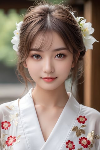 8K,8K, Ultra-high resolution, highest quality, masterpiece, Surreal, photograph, girl1, (18-year-old:1.3), smiling sweetly and brightly  at camera,
(((full body shot:1.4))), 
wearing white Japanese kimono, standing in a temple, drinking water,
Cute girl, Cute face, Beautiful eyes in every detail, Detailed, one girl, (a beauty girl, delicate girl:1.3),  very fine grain definition, (Symmetrical eyes:1.3), Small breasts, Brown eyes, Parted bangs, light brown Hair, silky long wavy hair ,  hair tied up,  (Eyes and facial details:1.0),  (masterpiece, highest quality, Super detailed, Detailed face, 8k)、beauty, Long neck、(((Ideal body proportions))),A cup small breasts :2、Perfect Anatomy、Vivid details、detailed, Light and shadow,Strong light,Fashion magazine cover, (Thin lips:1.2),