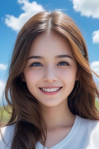 (1girl:1.2), (big smile), beautiful face, Amazing face and eyes, long silky brown hair, wearing white t shirt, delicate, (Best Quality:1.4), (Ultra-detailed), (extremely detailed beautiful face), cute smile, brown eyes, (highly detailed Beautiful face), (summer high school uniform:1.2), (extremely detailed CG unified 8k wallpaper), Highly detailed, High-definition raw color photos, Professional Photography, Realistic portrait, Extremely high resolution, smiling, (Clouds all over the sky, cloudy sky, lots of clouds:1.5), (cloudy day:1.5), half figure