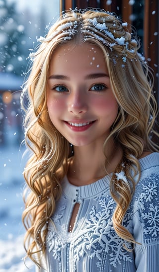 4k, 8k, girl age 18, ultra highres, raw photo in hdr, sharp focus, intricate texture, skin imperfections, realistic, detailed facial features, highly detailed face, posing,window, low lighting,long hair,(blonde hair),standing,full bodyshot, smiling at camera sweet and nicely , standing in the snow