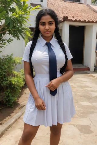 (full body shot:1.5), (Masterpiece:1.1), she is in standing position, 1girl, solo girl, 18 year old girl, ultra realistic face, hyperrealistic, hyperdetailed, perfect beauty, (looking at viewers), one girl around 18 yeasrs, ((masterpiece, best quality)), beautiful cute Sri Lankan school girl, very fair skin tone,  [[dress in white very short frock with collar and below hip pleated frock]] [tie with blue and white strips], wearing short socks and white sneakers, 18 years old, She has plaits, black braided long hair, curvy body, big hips, sexy thigh, up skirt, cinematic lighting, glowing, movie filter, moody effect, thick body, beautiful Indian face, tanned skin, dark skin, oily sweaty skin, Masterpiece, angel boobs, school girl  uniform, Sri Lankan, white very short frock