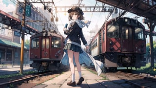 A majestic masterpiece of a 8K wallpaper features a stunning solo female figure, with long brown hair cascading down her back, adorned in a plaid skirt and matching hat. Her bright brown eyes sparkle as she stands confidently outdoors at a bustling train station, surrounded by the hum of railroad tracks. She wears a fitted jacket over a scarf, paired with white socks and comfortable shoes. The soft focus blur adds a touch of whimsy to this already captivating scene.