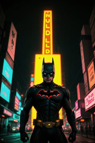 Batman Beyond from DC Comics, neon photography style, focus, looking at viewer, upper body, solo, night time, outdoors, dark,depth_of_field,neon light,realistic,
