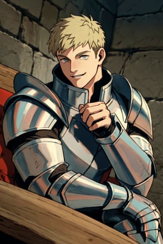 (1 image only), solo male, 1boy, Laios Touden, Delicious in Dungeon, knight, blond hair, short hair, light gold eyes, average height, silver plate armour, silver gauntlets, white shirt under armor, silver knee guards, simple brown boots, smile, handsome, charming, alluring, standing, upper body in frame, perfect anatomy, perfect proportions, 2d, anime, (best quality, masterpiece), (perfect eyes, perfect eye pupil), high_resolution, dutch angle, dungeon location, (Hands:1.1), better_hands,sitting_down, cum_filled, sticky_cum
