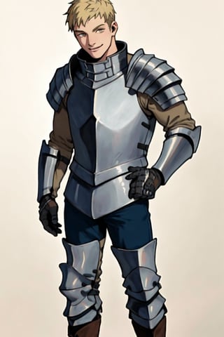 (1 image only), solo male, 1boy, Laios Touden, Delicious in Dungeon, knight, blond hair, short hair, light gold eyes, average height, silver plate armour, silver gauntlets, white shirt under armor, silver knee guards, simple brown boots, smile, handsome, charming, alluring, standing, perfect anatomy, perfect proportions, 2d, anime, (best quality, masterpiece), (perfect eyes, perfect eye pupil), high_resolution, dutch angle, dungeon location, (Hands:1.1), better_hands,cum_filled,buldge 