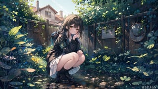 1girl, solo, A majestic masterpiece! A stunningly detailed CG artwork, perfect for a 8K wallpaper. Here's the description:

In a serene outdoor setting, a lovely young woman with long brown hair and bangs is squatting amidst lush foliage. She wears a flowing white skirt, black jacket with long sleeves that extend past her wrists, and comfortable black footwear. Her brown eyes sparkle as she gazes down at a curious cat playing with a leaf near her feet. A delicate braid adorns the side of her head, framing her gentle features. The scene is bathed in warm, HDR lighting, with soft shadows accentuating the textures of the plants and building in the background. The overall composition exudes a sense of tranquility, inviting the viewer to step into this idyllic world.,girl