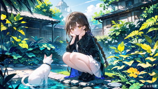 1girl, solo, A majestic masterpiece! A stunningly detailed CG artwork, perfect for a 8K wallpaper. Here's the description:

In a serene outdoor setting, a lovely young woman with long brown hair and bangs is squatting amidst lush foliage. She wears a flowing white skirt, black jacket with long sleeves that extend past her wrists, and comfortable black footwear. Her brown eyes sparkle as she gazes down at a curious cat playing with a leaf near her feet. A delicate braid adorns the side of her head, framing her gentle features. The scene is bathed in warm, HDR lighting, with soft shadows accentuating the textures of the plants and building in the background. The overall composition exudes a sense of tranquility, inviting the viewer to step into this idyllic world.