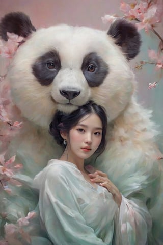 (best quality,masterpiece,highres,8K,raw image),ultra detailed, realistic detailed, hyper realistic, Generate hyper realistic image of a beautiful Chinese young woman cuddling a stuffed panda, flowy black hair, eye contact, kind smile, realistic detailed glowing floral outfits, expressive jewelry, bliss, joyful, well lit abstract art background,colorful,FlowerStyle,NYFlowerGirl,xxmixgirl