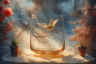 masterpiece, best quality, photography advertising of a glass of whiskey , 1 Round  Tumbler, myphamhoahong photo,  branch, petals, plant, gradient, garden, realistic, cold theme, scenery, shadow, still life ,perfect light,Cosmetic,glowing gold,inviting you to take a sip and savor its refreshing taste.,myphammaukem photo,Bird's Nest Jar,foodstyle