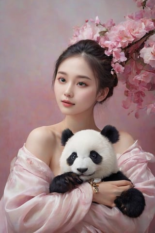 (best quality,masterpiece,highres,8K,raw image),ultra detailed, realistic detailed, hyper realistic, Generate hyper realistic image of a beautiful Chinese young woman cuddling a stuffed panda, flowy black hair, eye contact, kind smile, realistic detailed glowing floral outfits, expressive jewelry, bliss, joyful, well lit abstract art background,colorful,FlowerStyle,NYFlowerGirl,xxmixgirl