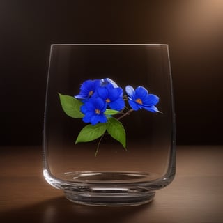 masterpiece, best quality, photography advertising of a glass of whiskey , Round Mugs, Tumbler, myphamhoahong photo, flower, (blue flower:1.2), leaf, branch, petals, plant, gradient, garden, realistic, cold theme, scenery, shadow, still life 