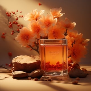 masterpiece, best quality, photography advertising of a glass of whiskey , myphamhoahong photo, flower, (orange flower:1.2), leaf, branch, petals, plant, gradient, garden, realistic, cold theme, scenery, shadow, still life 