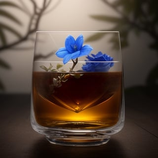 masterpiece, best quality, photography advertising of a glass of whiskey , Round Mugs, Tumbler, myphamhoahong photo, flower, (blue flower:1.2), leaf, branch, petals, plant, gradient, garden, realistic, cold theme, scenery, shadow, still life 