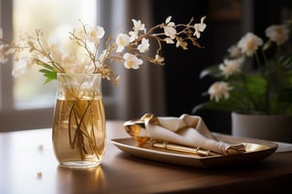 masterpiece, best quality, photography advertising of a glss vase ,Tumbler, myphamhoahong photo, flower,,leaf, branch, petals, plant, gradient, garden, realistic, cold theme, scenery, shadow, still life ,perfect light,Cosmetic,glowing gold,inviting you to take a sip and savor its refreshing taste.,myphammaukem photo
