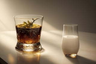 masterpiece, best quality, photography advertising of a glass of whiskey , 1 Round Mug, 1 Tumbler, myphamhoahong photo, flower,, leaf, branch, petals, plant, gradient, garden, realistic, cold theme, scenery, shadow, still life ,perfect light,Cosmetic,glowing gold,inviting you to take a sip and savor its refreshing taste.