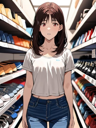 (haruk0akagi), red bow, long hair, small breast, short stature, t shirt, jeans, shopping in a shoe store, cowboy shot, facing foward, masterpiece, ultra high resolution, best quality, 1080p