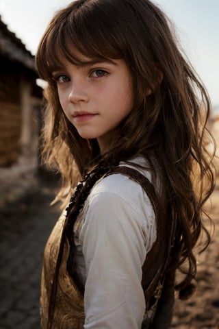 hermione11granger, photograph of cute 1girl, age 12,  brown long wavy hair, bangs, front view, dark fantasy, adventurer clothes, in a village, full body, (masterpiece), photorealistic, UHD, (best quality), realistic skin, skin pores