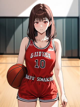 haruk0akagi, red basketball jersey, holding basketball next to hip, wood floor, gymnasium, cowboy shot, facing foward, masterpiece, ultra high resolution, best quality, 1080p