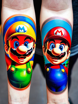 super mario and luigi tattoo, girl’s arm, close up, realistic, vibrant, charming