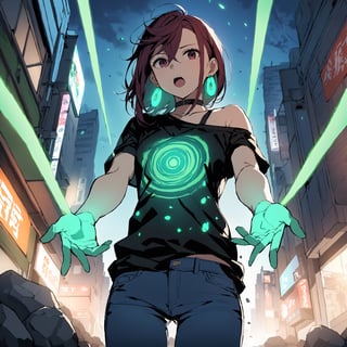(m0m0ayase) serious, mouth open, maroon eyes, standing on ground, abstract graphic tshirt, bare one shoulder, jeans, green earings, semi side view, messy hair, cool pose, psychic power, ((pebbles and rocks suspended in midair)), hands covered with green glowing spirit energy, hands stretched out, nightmare, scary, horror, cowboy shot, city streets, night, masterpiece, ultra high resolution, best quality, 1080p