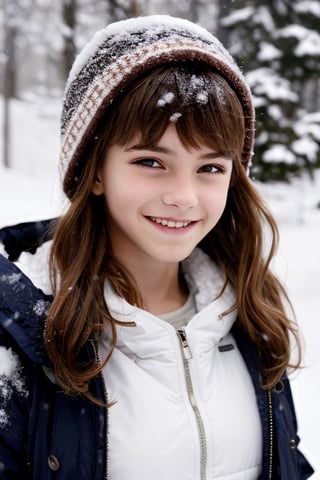 hermione11granger, photograph of cute 1girl smiling, age 12,  brown long wavy hair, bangs, flat chest, front view, snow gear, in snowy mountain, full body, (masterpiece), photorealistic, UHD, (best quality), realistic skin, skin pores
