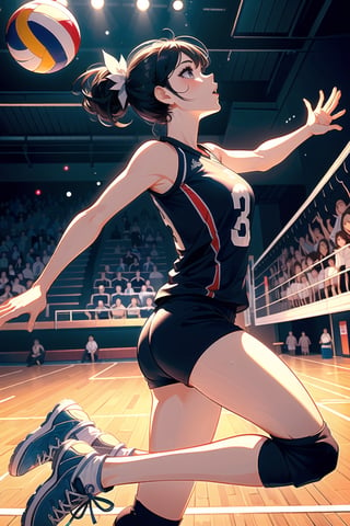 (((masterpiece))), (((best quality))), (((from side))), (((full body))), (((volleyball))), (((flying))), ((chest out)), ((raise head)), ((arms up)), ((raise shoes)), ((legs up)), sportswear, wind, night, crowd, stadium, cinematic light, cleavage, (((big tits))), collarbone, ribbon, longhair, rosy lips, parted lips, sweat, shy, blush, slim figure, (lora:girllikevolleyball:0.8),volleyball