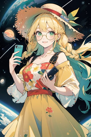 (masterpiece, best quality, highres:1.3), ultra resolution image, A cute country girl with a straw hat and braided hair takes a selfie in outer space. She smiles brightly, floating among stars and planets, wearing a floral dress and holding a phone, capturing the surreal scene.

yellow hair, round glasses, red clothes, green eyes,