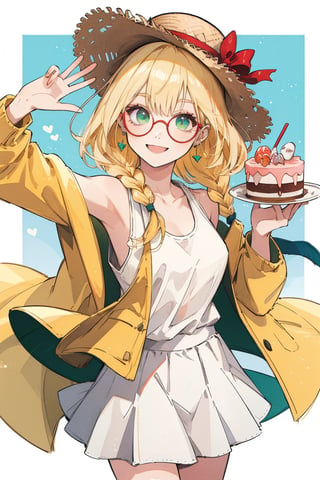 (masterpiece, best quality, highres:1.3), ultra resolution image, A cute country girl with a straw hat and braided hair takes a selfie in Paris. She smiles brightly, floating candy and cake, wearing a tank top,

yellow hair, round glasses, red coat, green eyes, white skirt,