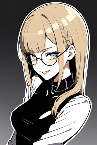 1 girl, Luna, yellow hair, (round glasses), (blue eyes: 1.5), loose hair, messy hair, shaved side of the head, head swept to one side. She wears gothic clothing. 

Masterpiece, best quality, 4k, absurdres. Shiny eyes, smirk, 2D, flat tones, flat shading, white outline, cel shading. From below.