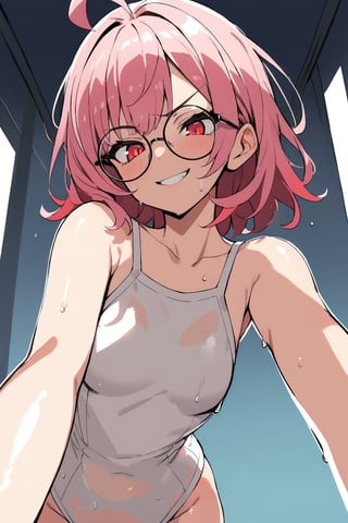 1 girl, Luna, pink short hair, (round glasses), (red eyes: 1.5), loose hair, messy hair, shaved side of the head, head swept to one side. She wears white school swin suit, angry, wet,

Masterpiece, best quality, 4k, absurdres. Shiny eyes, smirk, 2D, flat tones, flat shading, white outline, cel shading. From below.