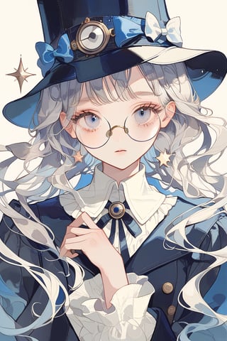 1 girl, cute face, dressed in Sherlock Holmes-style detective clothing, wearing a hat and a monocle, star-shaped pupils, mysterious, narrow, alluring eyes. She wears traditional detective attire. The design blends elegance with strength, 

blue eyes, very long hair,