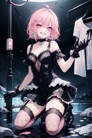 (masterpiece, best quality, highres:1.3), ultra resolution image, 

chibi,

pink hair, glowing eyes, playful grin, black lipstick, lace choker, cybernetic arm, ruffled dress, fishnet stockings, combat boots, tech gloves, neon earrings.

Kneeling by river, winking, washing clothes, sticking out tongue, giggling.