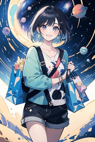 (masterpiece, best quality, highres:1.3), ultra resolution image, 

A cute urban girl with short hair and trendy clothes carries shopping bags, floating through the galaxy. She smiles brightly, surrounded by stars and planets, wearing stylish accessories and holding her bags tightly, capturing the whimsical, space-borne shopping adventure.