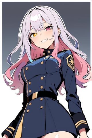 1 girl, Luna, colorful hair, (heterochromatic pupils), loose hair, messy hair, shaved side of the head, head swept to one side. She wears black officer uniform, wet, Sad,

Masterpiece, best quality, 4k, absurdres. Shiny eyes, smirk, 2D, flat tones, flat shading, white outline, cel shading. From below.