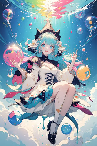(masterpiece, best quality, highres:1.3), ultra resolution image,

A girl falls onto a cream cake, causing the cream to splatter everywhere. As she lands, an explosion of candies and bubbles fills the air, floating all around her. The scene is whimsical and playful, with colorful sweets and shimmering bubbles creating a magical, dream-like atmosphere.

