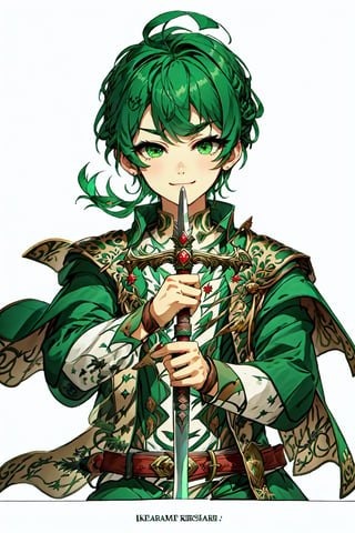 best quality
, masterpiece
, highres
,originaloutfit,  kneehigh, shirt, jacket, cape,
wand, holding wand,1 young boy,13years old,smile
, bangs, GREEN_hair,  green_eyes
,Rorowa,perfect,,swordup, looking at viewer, close-up,swordup-pose-richy