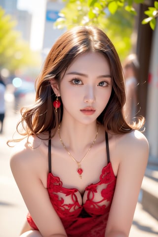 New York City,avenue,street,trees,
20 yo, 1 girl, beautiful korean girl, head to thigh portrait,nice breasts,wear red  Chinese lingerie fusion design ,solo, {beautiful and detailed eyes}, blue eyes, calm expression, delicate facial features, ((model pose)), Glamor body type,blond hair ,hair_past_waist,curly hair,very long hair,simple tiny earrings,simple tiny necklace, flim grain, realhands, masterpiece, Best Quality, 16k, photorealistic, ultra-detailed, finely detailed, high resolution, perfect dynamic composition, beautiful detailed blue eyes, eye smile,smile , sharp-focus, standing,head to thigh portrait,nice ass, body face to viewer 