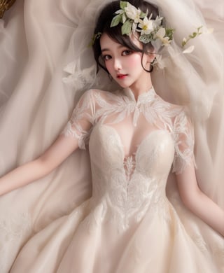 1 beautifu bride lying on the ground, wearing short sleeves dress, bridal, sheer, (see-through), lace, (with head), hair ornament, black hair, bird's eye view, (thigh), best anatomy, look at viewer, romantic, (mucha style), (solo:1.8), masterpieces, best quality, high resolution, bright scene, soft color, low contrast,