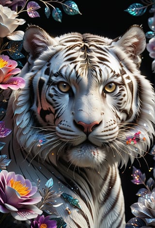 Close-up image of an alvin white tiger, alvin tiger, detailed tiger face, shiny tiger skin, detailed tiger eyes, black background, (((fantasy flowers))), (((multicolored flowers))), (((highly detailed flowers))), (((beautiful flowers)))), (((large flowers))), hyper-realistic illustration, ultra-realistic, creates a fascinating visual spectacle, vibrant colors, sharp shapes, HDR, UHD, 64k, dynamic angle, cinematic, shape focus, incredible details, highly detailed, masterpiece, photorealistic,glitter,crystalz,shiny