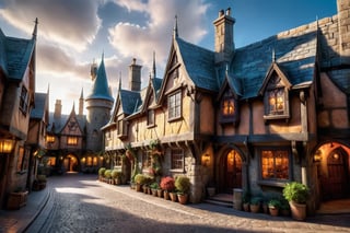 hyper-realistic Hogsmeade photography, Mid-afternoon, street lights on, hyper-realistic and ultra-realistic night lighting, creates a fascinating visual spectacle, vibrant colors, sharp shapes, HDR, UHD, 64k, dynamic angle, cinematic, focus shape, incredible details , highly detailed, masterpiece, photorealistic, incredible details, very bright,niji5