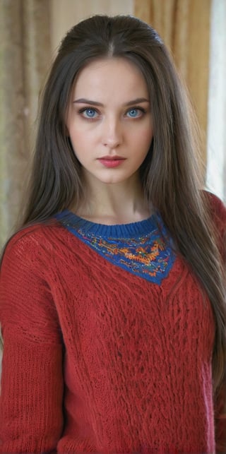 Generates a hyper-realistic image 1 20-year-old (Ukrainian) girl with slim, wearing a ((oversized red sweater)), beautiful blue eyes, long dark hair that hints at playful rebellion. Her dark makeup enhances her mischievous expression as she enjoys her bad girl persona at home. She grabs the upper part of her body. (Extremely realistic)