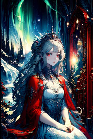 (masterpiece, best quality), 1girl, solo, (the empress:1.15), platinum blonde, long hair, (red cape), Curtain, white dress, queen dress, aurora, (sunshine, sky, river, forest), expressionless, red eyes, very long hair, (art nouveau:1.2), alphonse mucha, tiara, (face focus, upper body), sit, (red throne:1.12), tiara, crossing legs, highly intricate details, realistic light, smile
