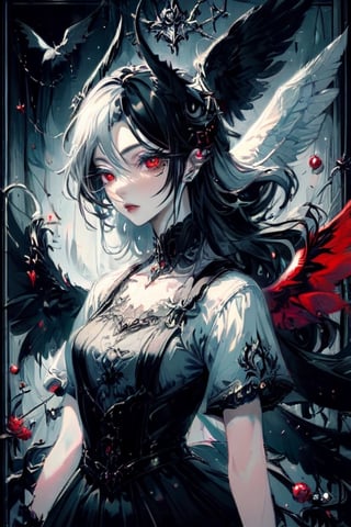 T-Shirt Design, border, sensual image of a beautiful female demon, large black feathered wings, satanic symbology, black red and grey colors, Decora_SWstyle,SelectiveColorStyle,1colorpop