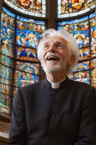 The image of a cheerful old man, looks up,white hair, in a church with colorful glass windows background, very detailed, the facial expression reflects wisdom and the test of time. (Masterpiece), UHD, ((Highly Details)),
